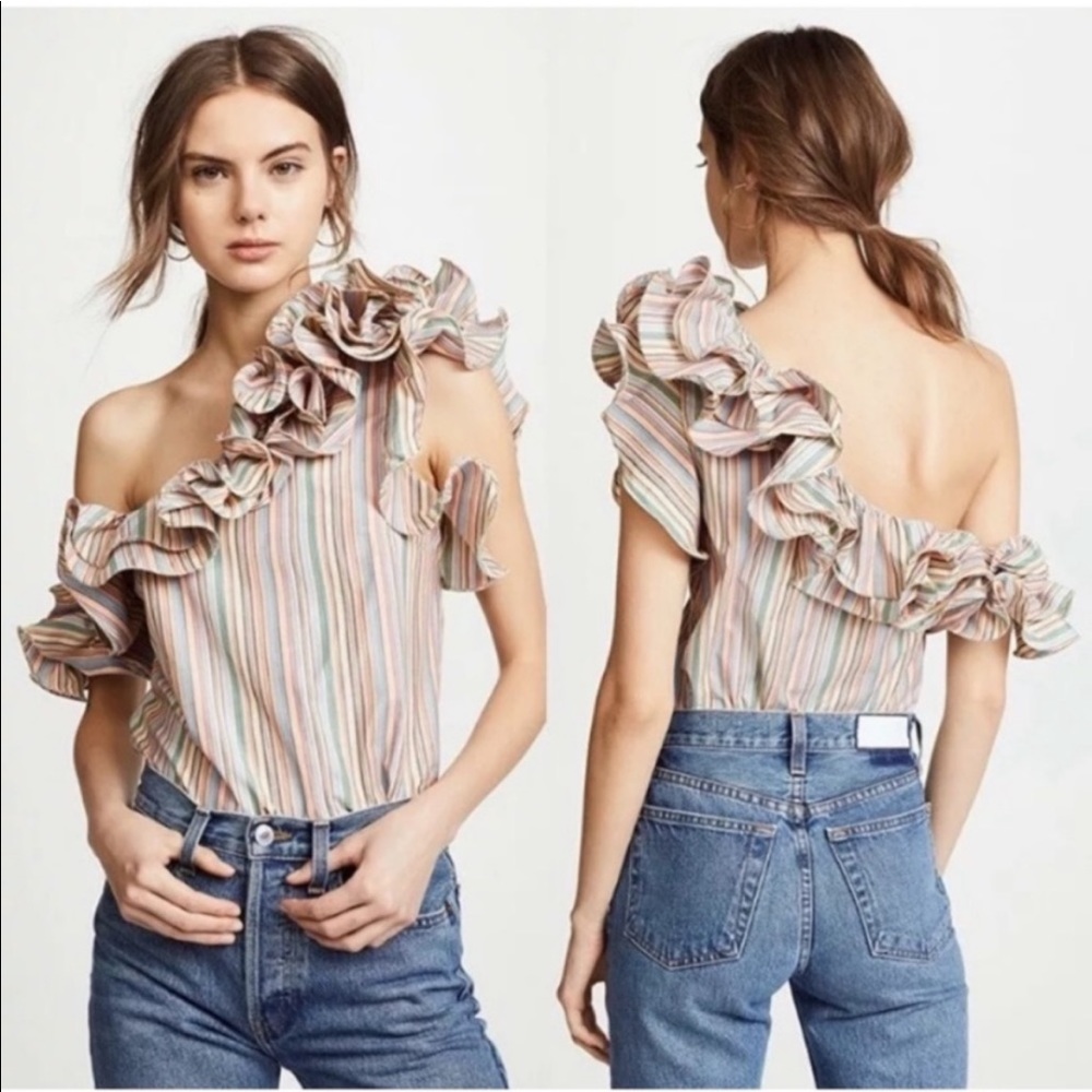 Petersyn One-Shoulder Ruffle Stripe Blouse in Pastel Multi